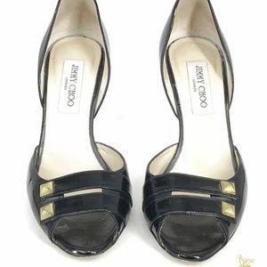 JIMMY CHOO Black Leather Studded Peep Toe D'Orsay Heels SZ 38 Womens